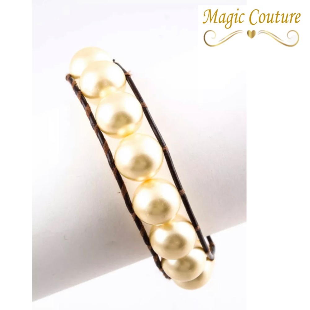 Chan Luu Champagne Baroque Pearl Brown Leather Single Wrap Bracelet.